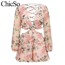 Load image into Gallery viewer, MissyChilli Chiffon floral print short jumpsuit Women lace up v-neck elegant romper female Winter sexy ruffles backless playsuit