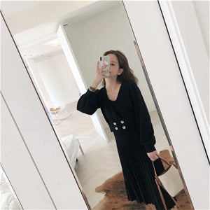New Autumn And Winter Women Knitted Double-breasted Long sleeve Coat+Vest Pleated Dresses Set for Ladies Woman