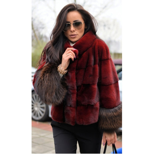 BFFUR 2019 Women Real Mink Fur Coat With Fox Fur Cuff Female Winter Natrual Fur Coat Striped Fashionable Luxurious Outfit