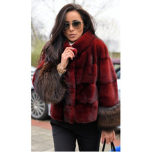 Load image into Gallery viewer, BFFUR 2019 Women Real Mink Fur Coat With Fox Fur Cuff Female Winter Natrual Fur Coat Striped Fashionable Luxurious Outfit